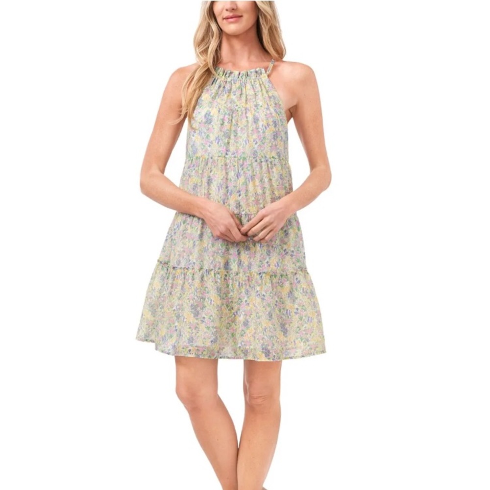 CECE Floral White Halter Short Tiered Shift Dress Size M
